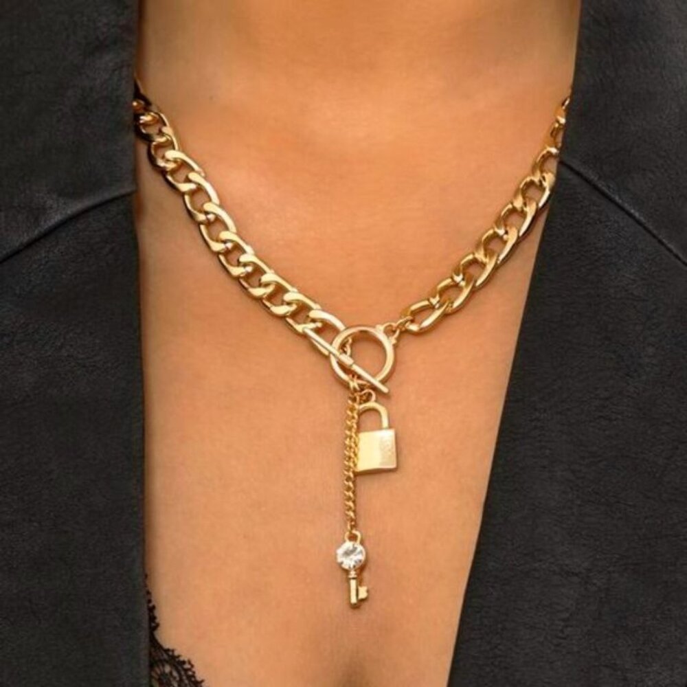 Gold Chain Necklace with Lock and Key Pendant